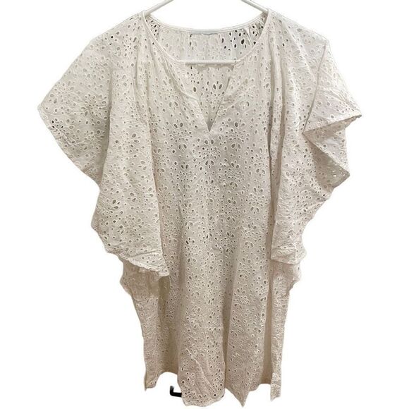Cartolina Nantucket Coverup Women’s White Cotton Eyelet Flutter Sleeve Swimwear - Picture 1 of 5
